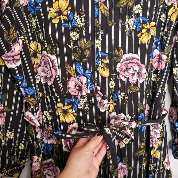 ASHLEY STEWART Black stripe floral button down long sleeve dress 18/20 - Picture 3 of 9